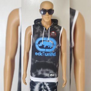 ECKO UNLTD SLEEVELESS STAR BURST MUSCLE HOODIE MEN SIZ S WHITE TIE DYE W/ POCKET